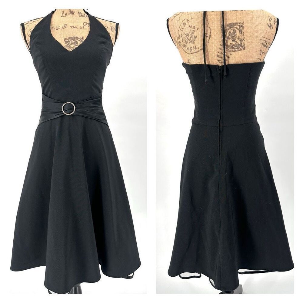 Vintage Y2K Black Halter Crinoline Dress Rhinestone Crystal Flare Pinup Fit Flar